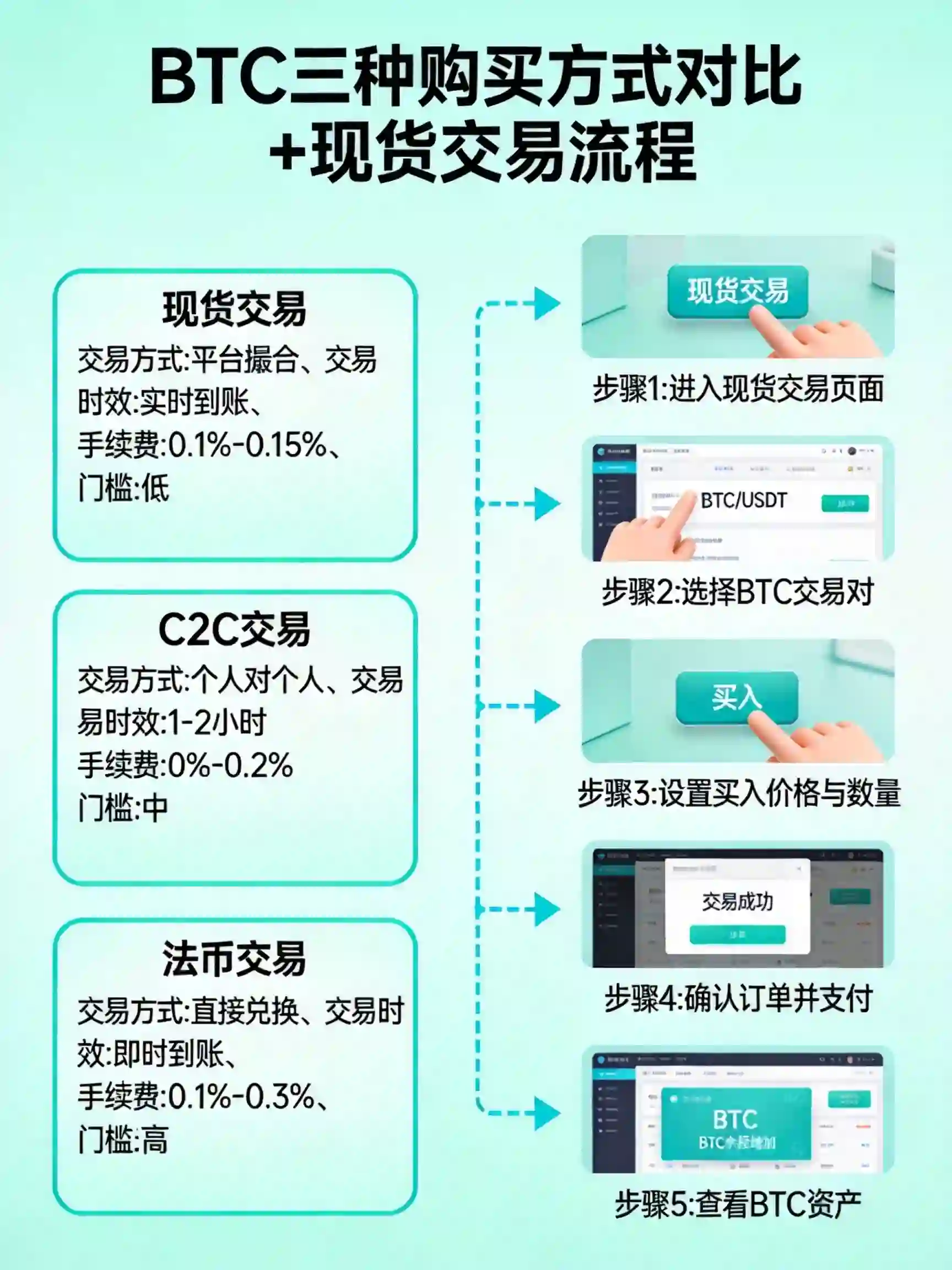 三种BTC购买方式对比+现货交易流程示意图 三种BTC购买方式对比+现货交易流程示意图