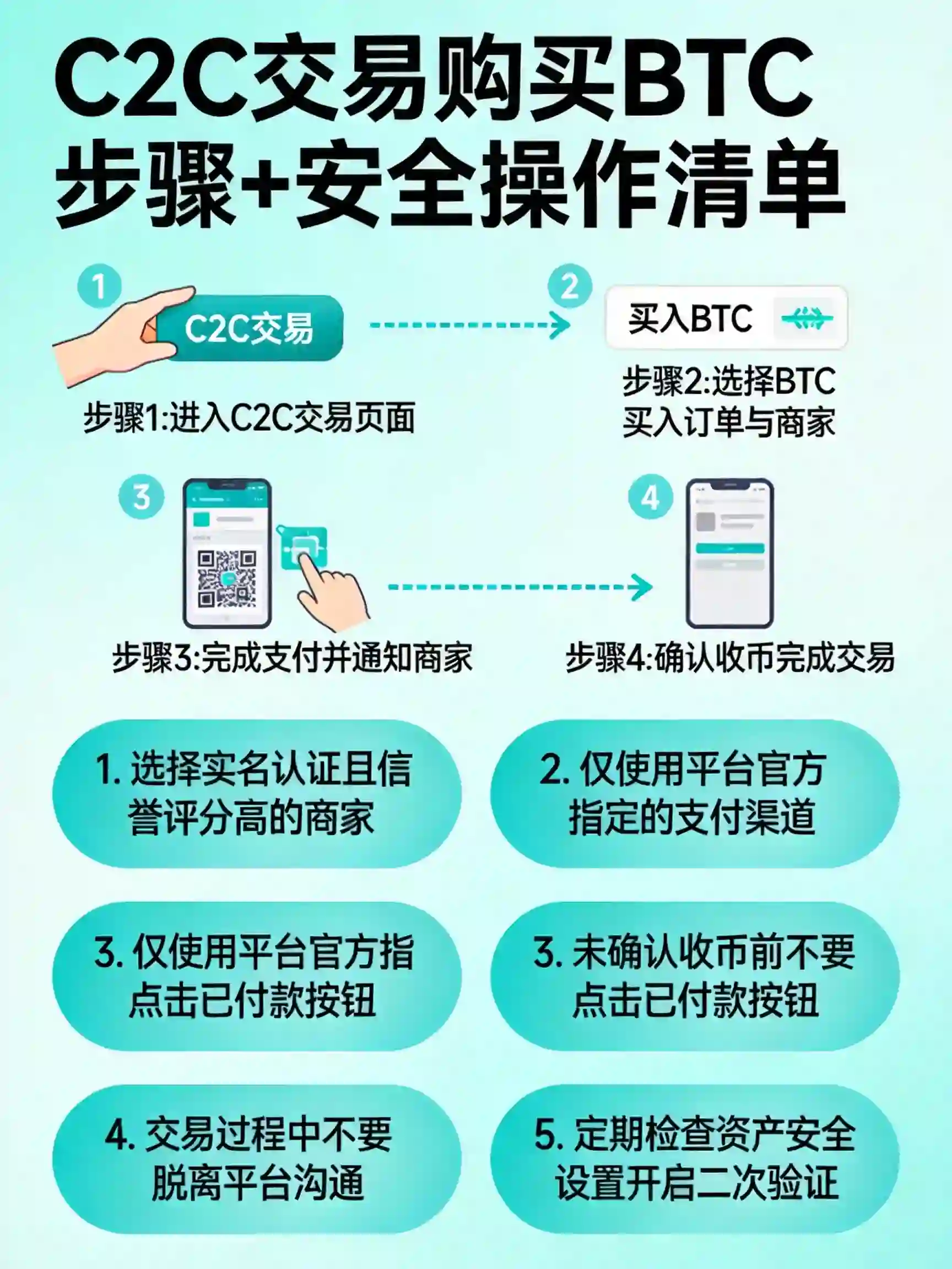 C2C交易购买BTC步骤+账户安全操作清单示意图 C2C交易购买BTC步骤+账户安全操作清单示意图