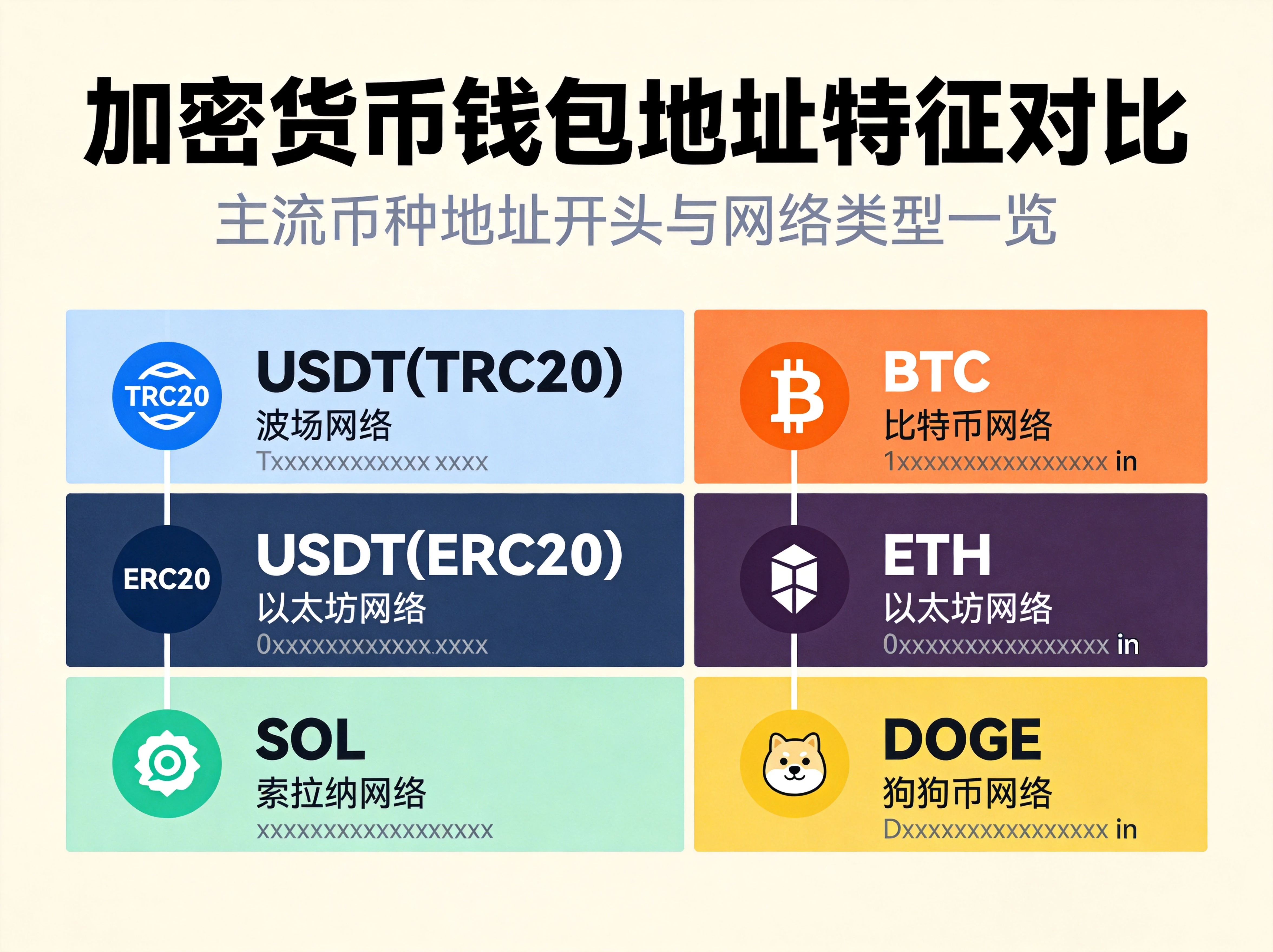 主流加密货币钱包地址特征对比图,展示USDT(TRC20/ERC20)、BTC、ETH、SOL、DOGE等币种的地址开头标识和网络类型示例 主流加密货币钱包地址特征对比图,展示USDT(TRC20/ERC20)、BTC、ETH、SOL、DOGE等币种的地址开头标识和网络类型示例