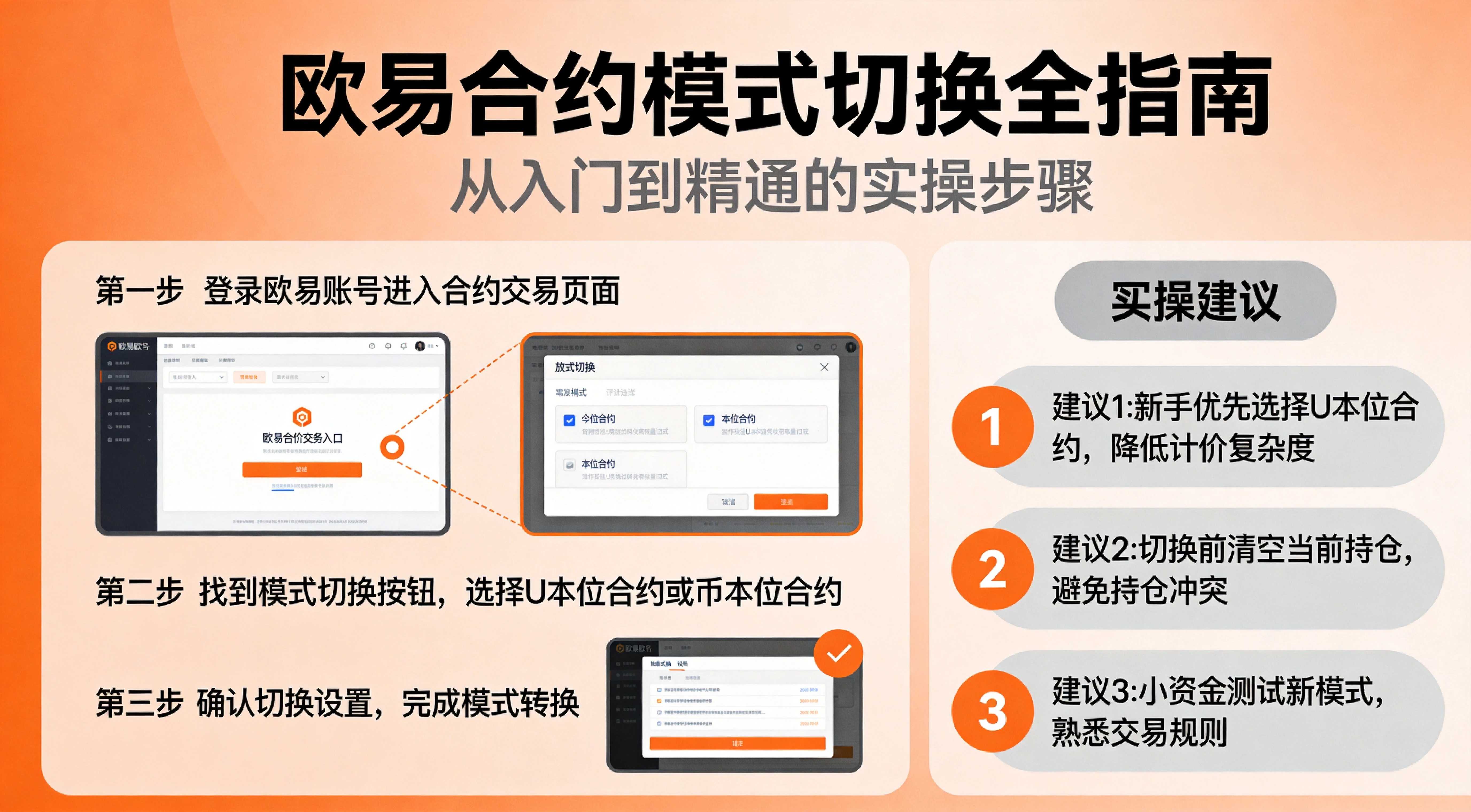 欧易合约模式切换操作与实操建议信息图,涵盖模式切换步骤、常见坑提醒与不同阶段操作建议,橙灰专业财经风格 欧易合约模式切换操作与实操建议信息图,涵盖模式切换步骤、常见坑提醒与不同阶段操作建议,橙灰专业财经风格