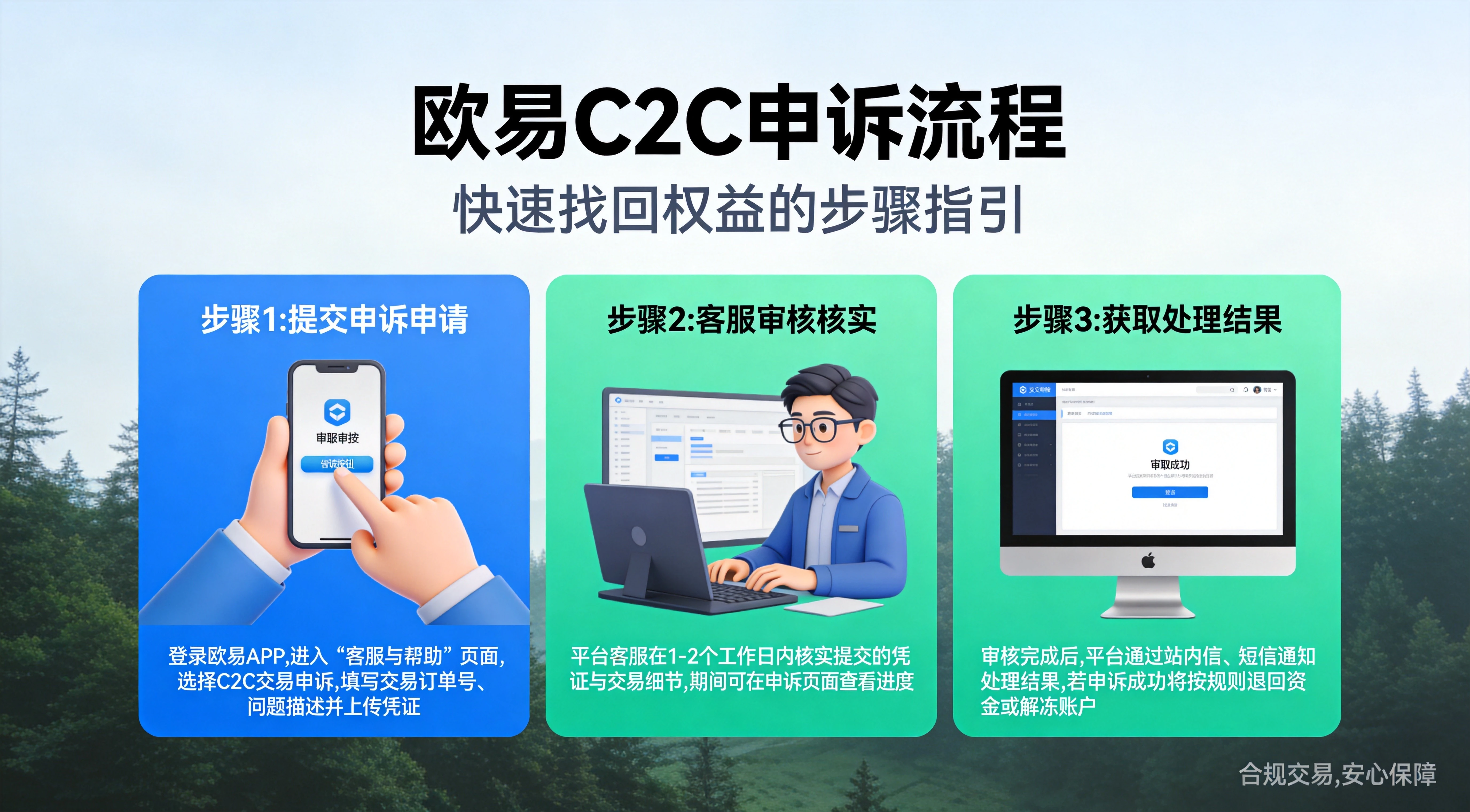 欧易C2C申诉流程与预防措施信息图,涵盖申诉4步流程、申诉失败应对与交易预防措施,蓝绿安全财经风格 欧易C2C申诉流程与预防措施信息图,涵盖申诉4步流程、申诉失败应对与交易预防措施,蓝绿安全财经风格